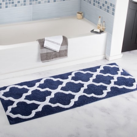 Hastings Home 100 Percent Cotton Trellis Bathroom Mat - 24x60 inches - Navy 823476FSO